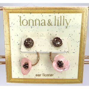 Ionna & lilly Floral Ear Floaters Post Backs Smoky Quartz Pink & Gold NWT